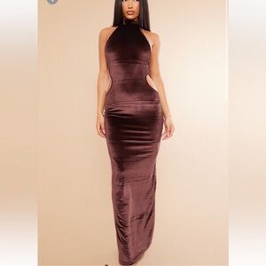 PrettyLittleThing • Halter Maxi Dress • Brown • Velvet • Open Back • 12